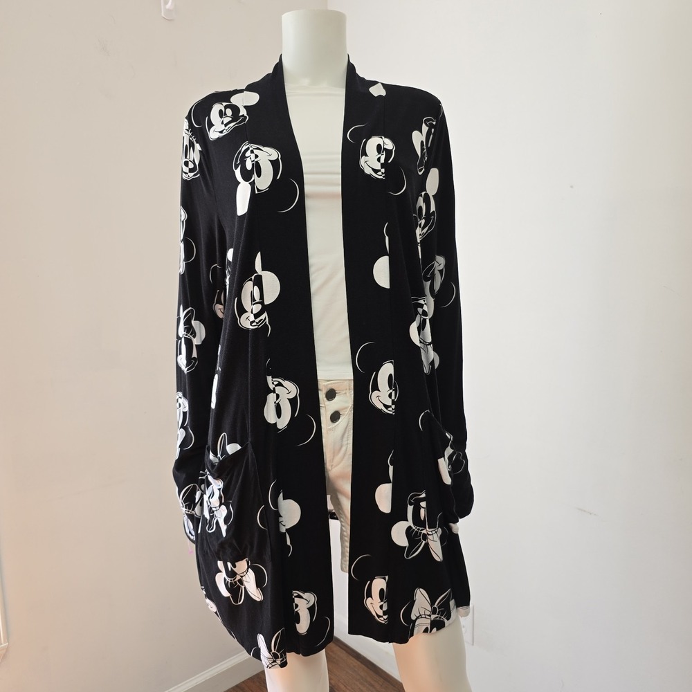 Disney Mickey Mouse Cardigan Size 2 2X Open Front Pockets Black White Womens